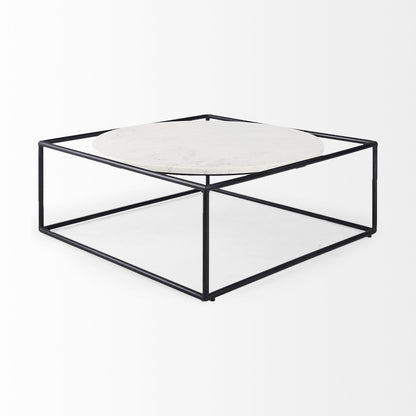 36" White and Black Genuine Marble and Metal Square Frame Coffee Table - Loft&Timber