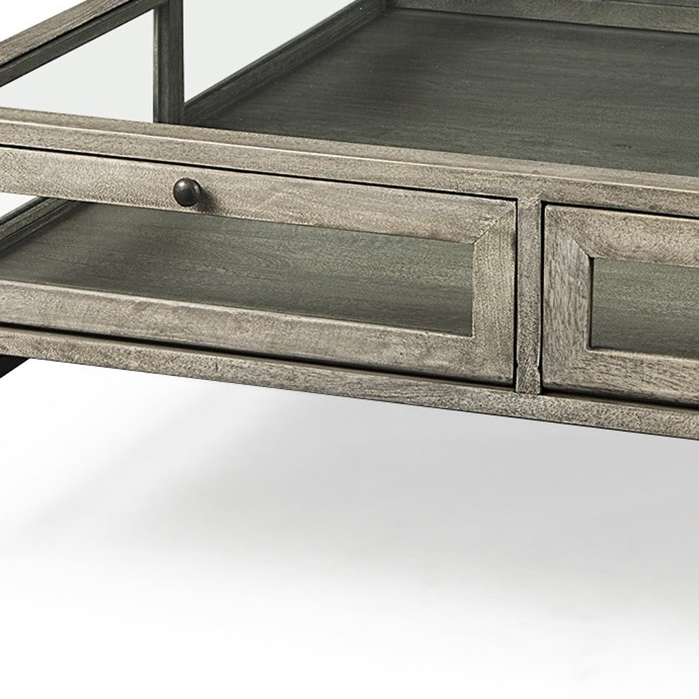 42" Gray and Black Glass and Metal Square Coffee Table With Shelf - Loft&Timber