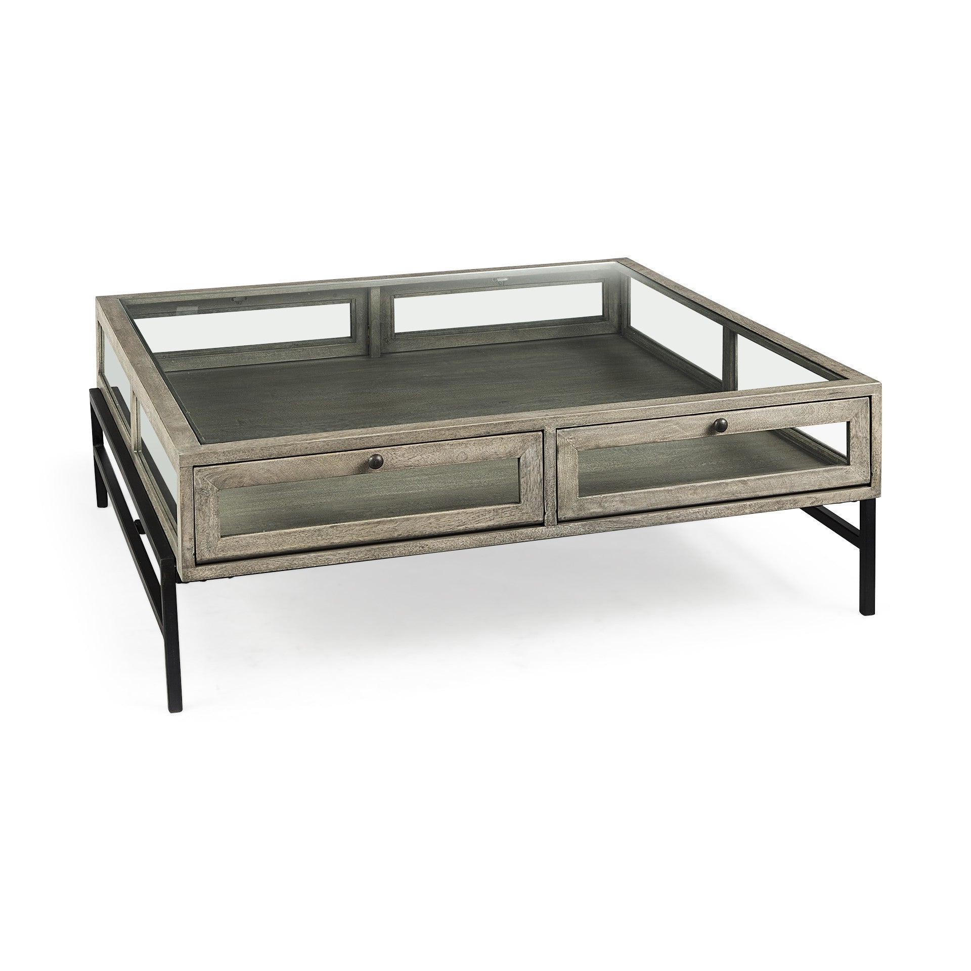 42" Gray and Black Glass and Metal Square Coffee Table With Shelf - Loft&Timber