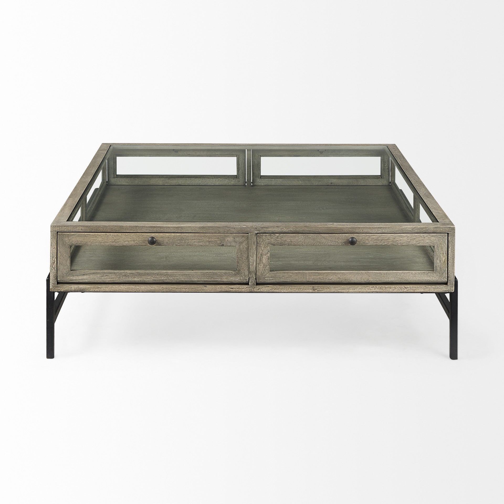 42" Gray and Black Glass and Metal Square Coffee Table With Shelf - Loft&Timber