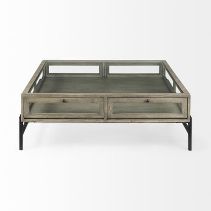 42" Gray and Black Glass and Metal Square Coffee Table With Shelf - Loft&Timber