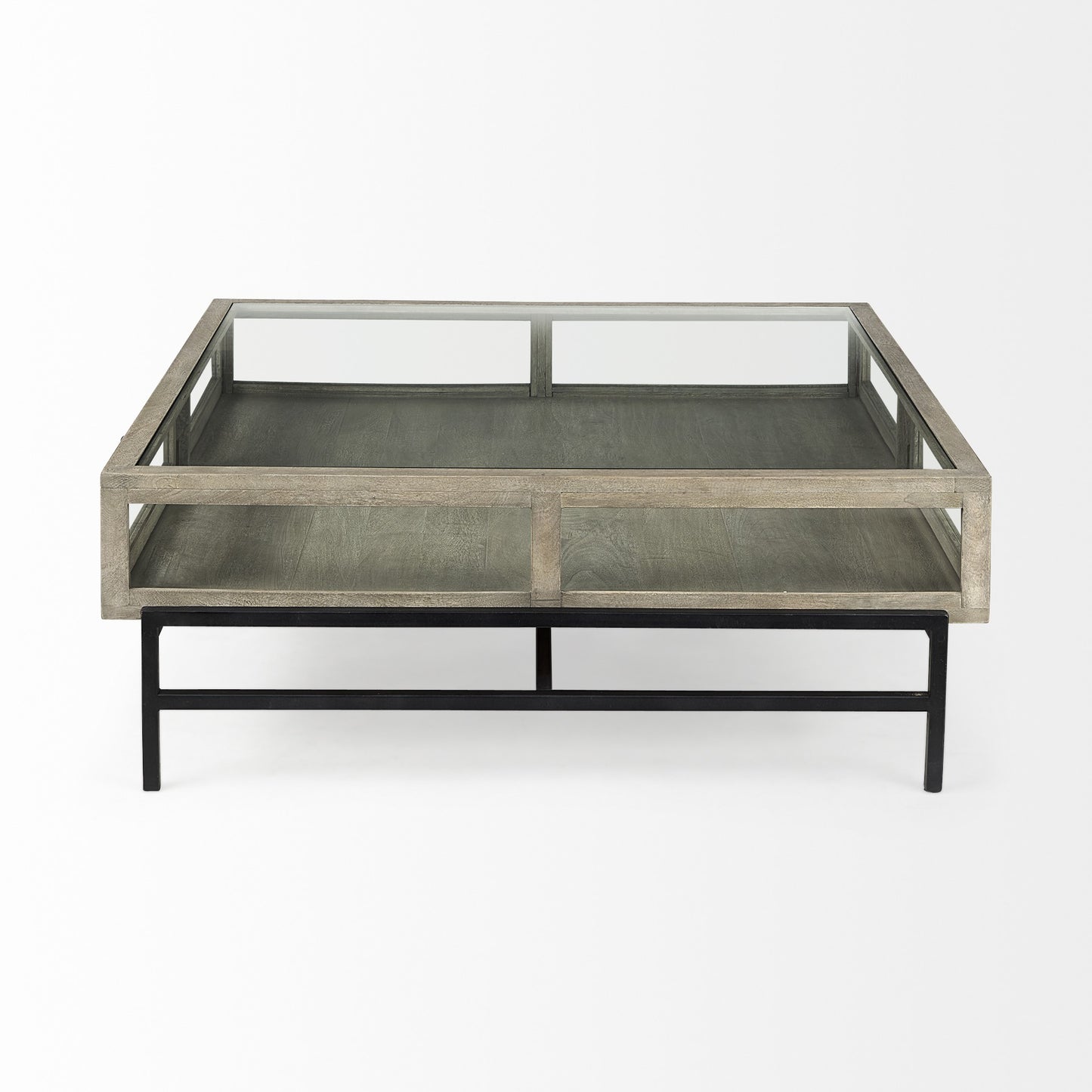 42" Gray and Black Glass and Metal Square Coffee Table With Shelf - Loft&Timber