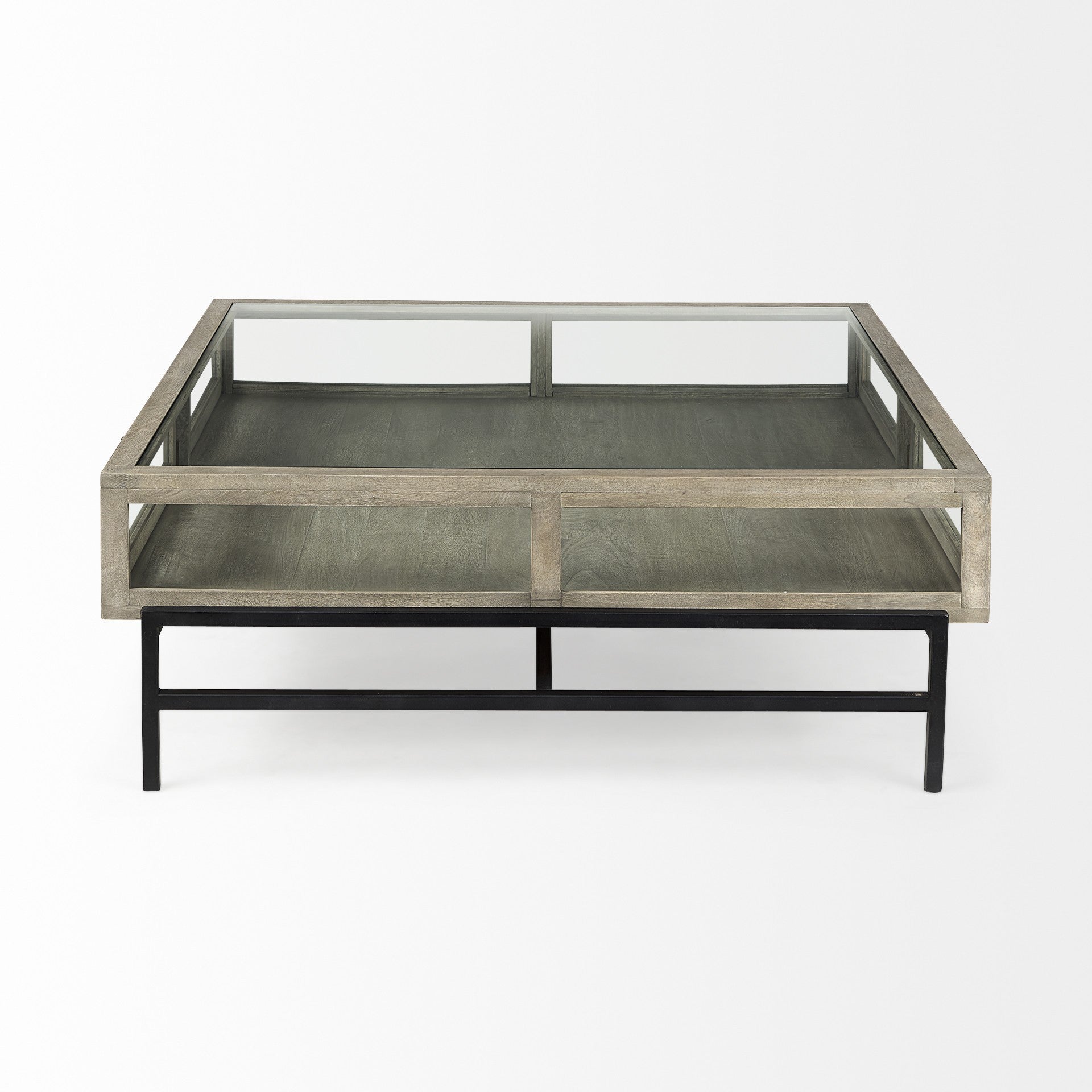 42" Gray and Black Glass and Metal Square Coffee Table With Shelf - Loft&Timber