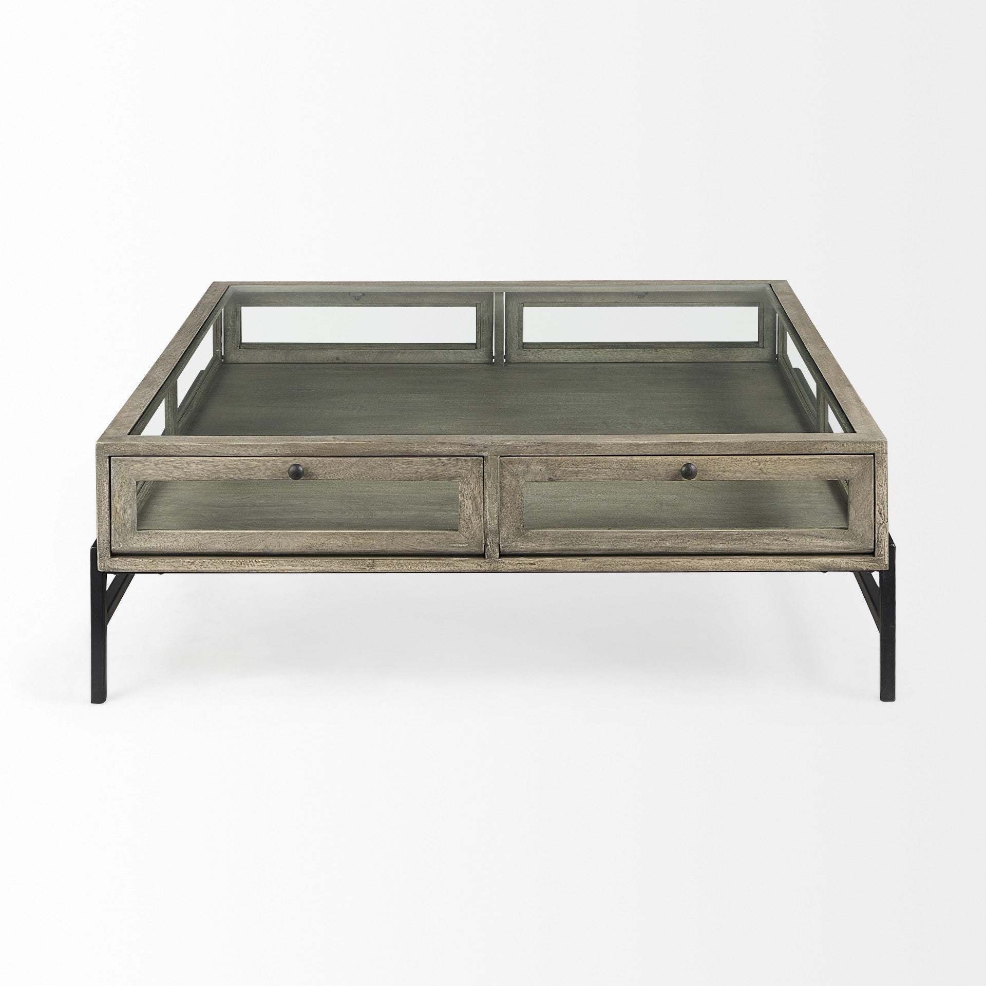 42" Gray and Black Glass and Metal Square Coffee Table With Shelf - Loft&Timber