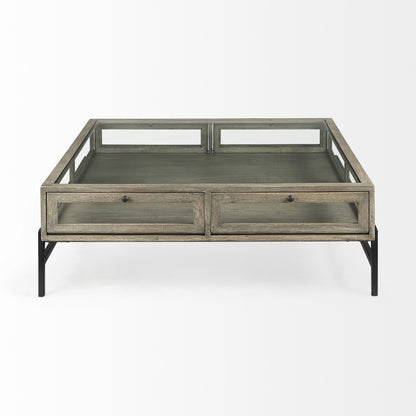 42" Gray and Black Glass and Metal Square Coffee Table With Shelf - Loft&Timber