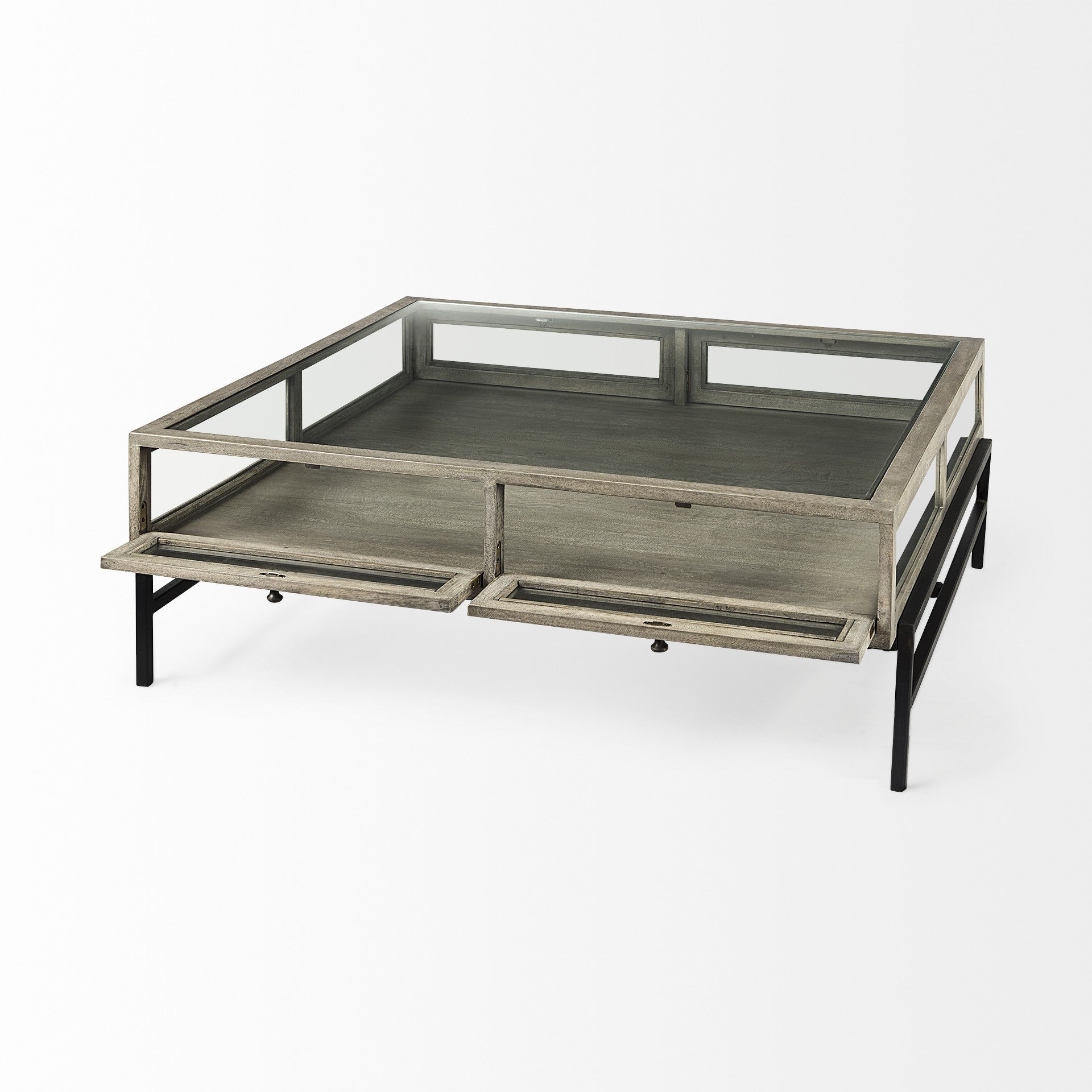 42" Gray and Black Glass and Metal Square Coffee Table With Shelf - Loft&Timber