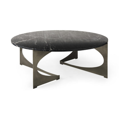 48" Black and Gold Genuine Marble and Iron Round Coffee Table - Loft&Timber
