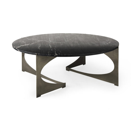 48" Black and Gold Genuine Marble and Iron Round Coffee Table - Loft&Timber