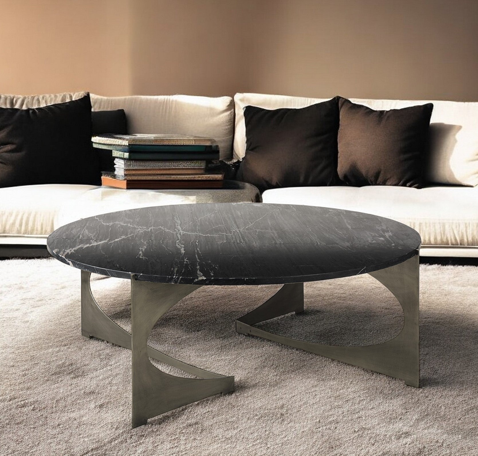 48" Black and Gold Genuine Marble and Iron Round Coffee Table - Loft&Timber
