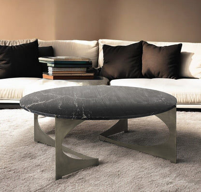 48" Black and Gold Genuine Marble and Iron Round Coffee Table - Loft&Timber