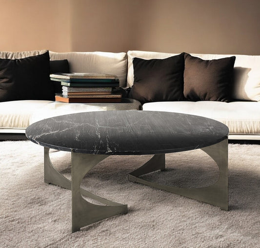 48" Black and Gold Genuine Marble and Iron Round Coffee Table - Loft&Timber