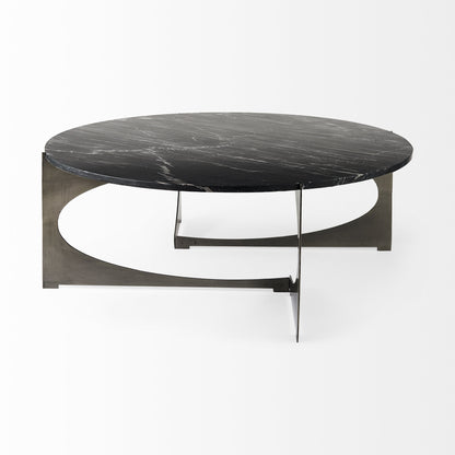 48" Black and Gold Genuine Marble and Iron Round Coffee Table - Loft&Timber