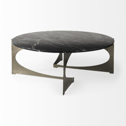 48" Black and Gold Genuine Marble and Iron Round Coffee Table - Loft&Timber