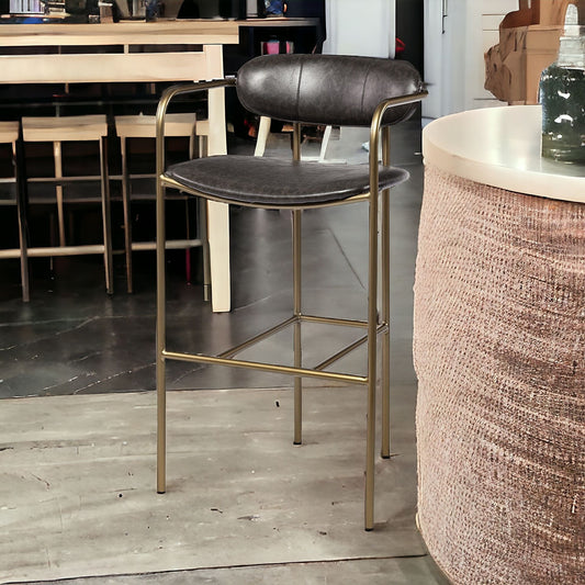 30" Brown And Gold Faux Leather And Steel Bar Height Bar Chair - Loft&Timber