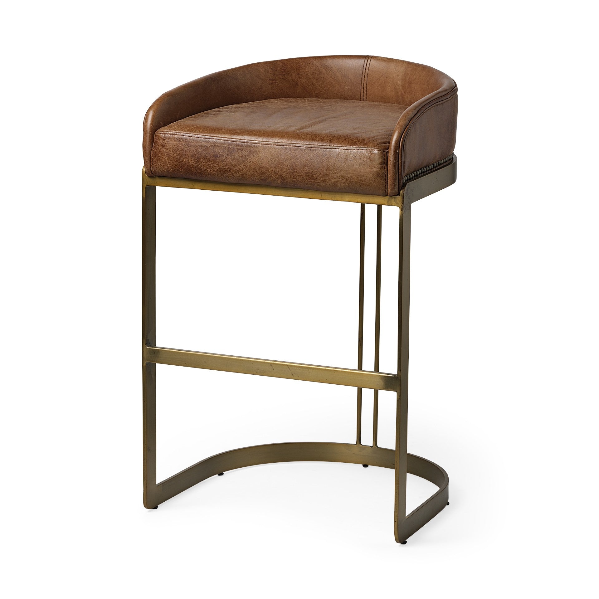 29" Brown Leather And Antiqued Brass Metal Low Back Bar Height Bar Chair - Loft&Timber