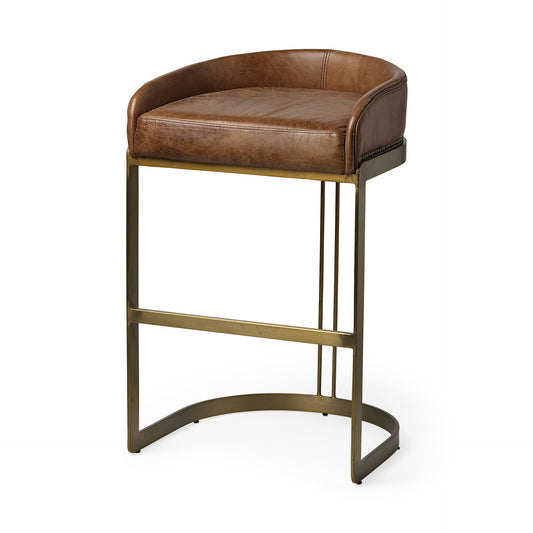29" Brown Leather And Antiqued Brass Metal Low Back Bar Height Bar Chair - Loft&Timber