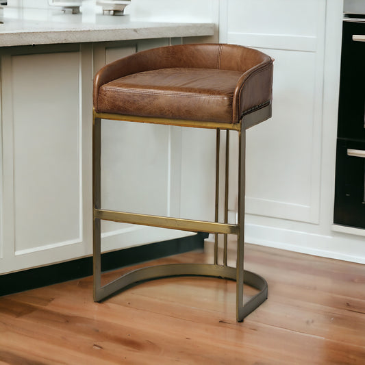29" Brown Leather And Antiqued Brass Metal Low Back Bar Height Bar Chair - Loft&Timber