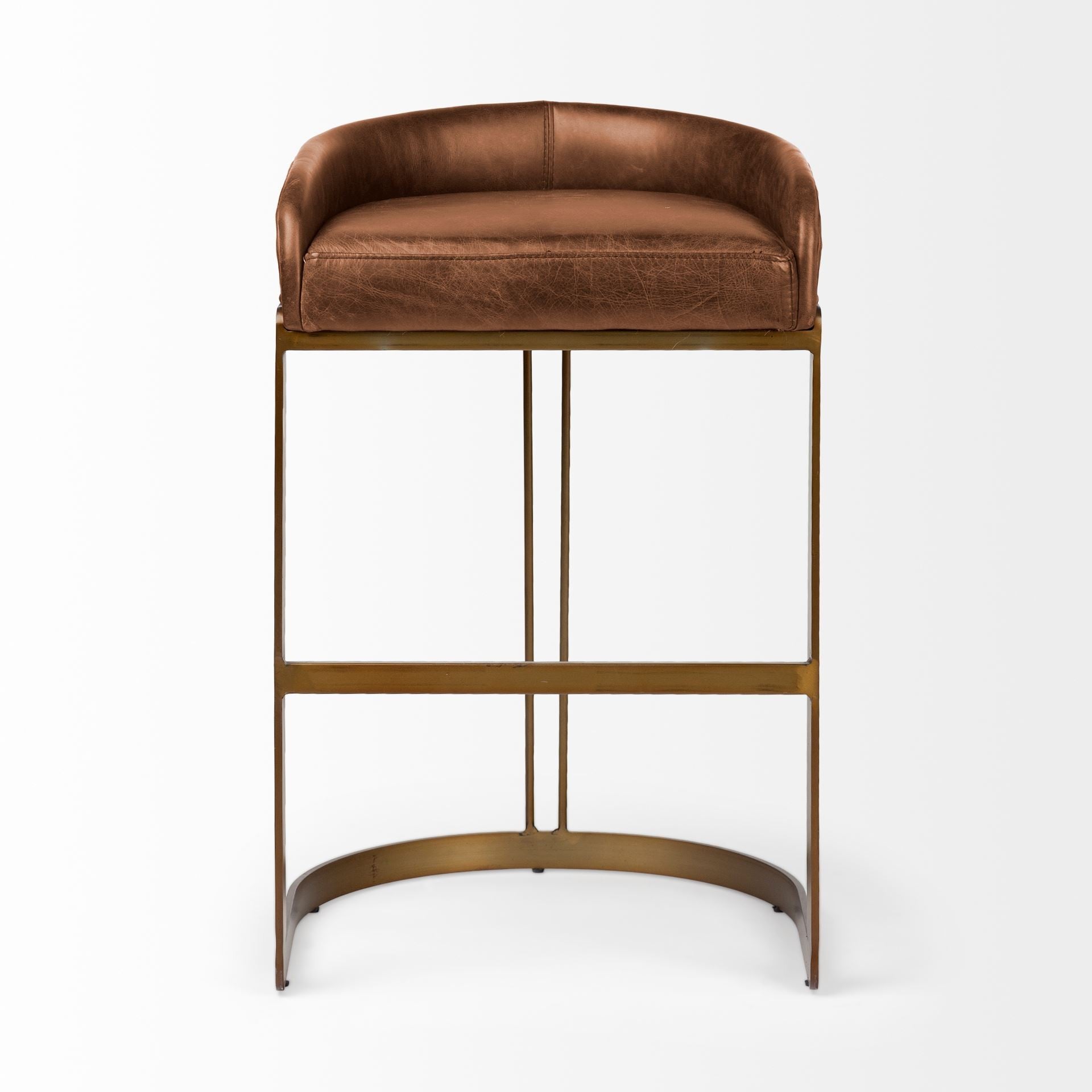 29" Brown Leather And Antiqued Brass Metal Low Back Bar Height Bar Chair - Loft&Timber