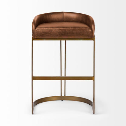 29" Brown Leather And Antiqued Brass Metal Low Back Bar Height Bar Chair - Loft&Timber