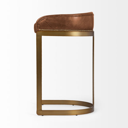 29" Brown Leather And Antiqued Brass Metal Low Back Bar Height Bar Chair - Loft&Timber