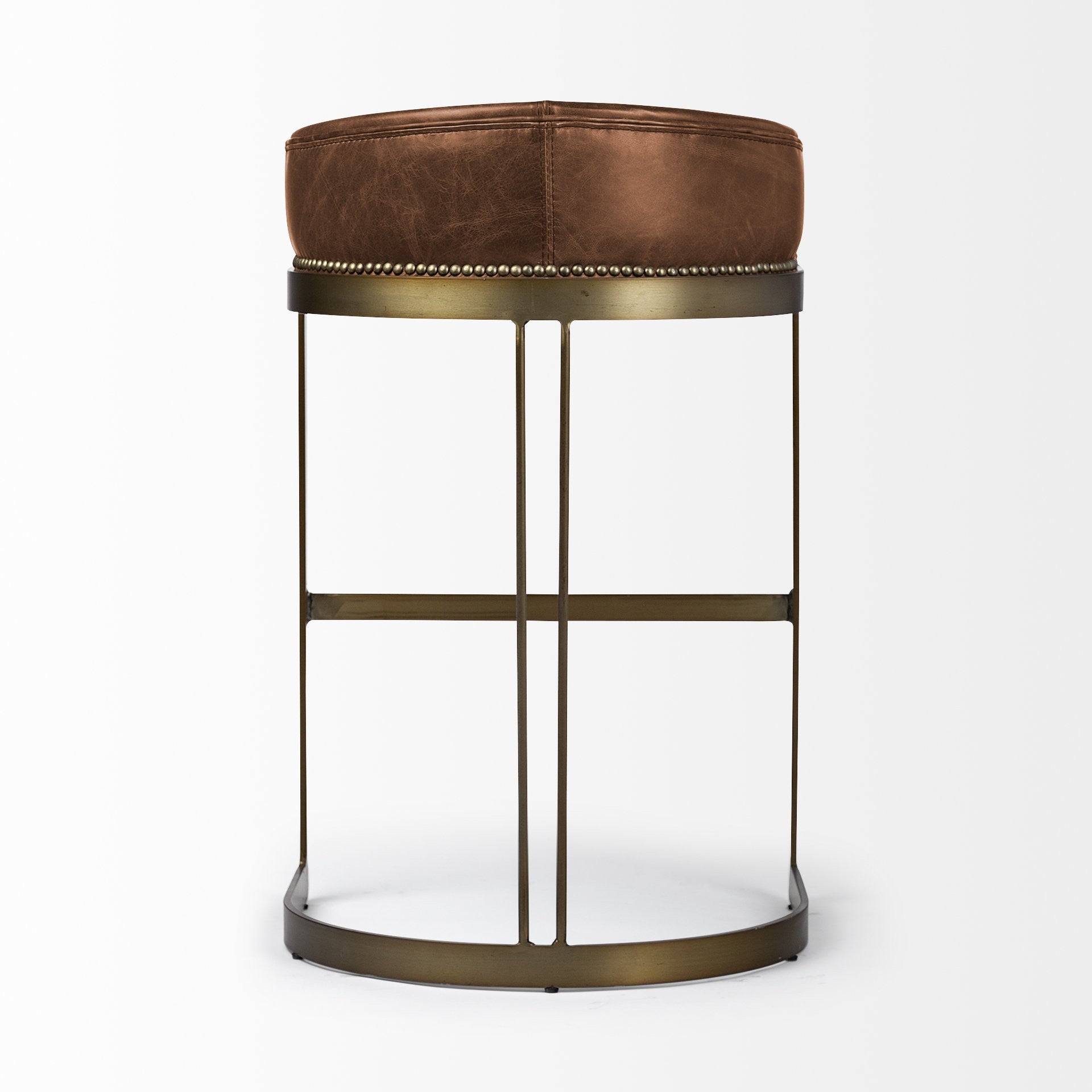 29" Brown Leather And Antiqued Brass Metal Low Back Bar Height Bar Chair - Loft&Timber