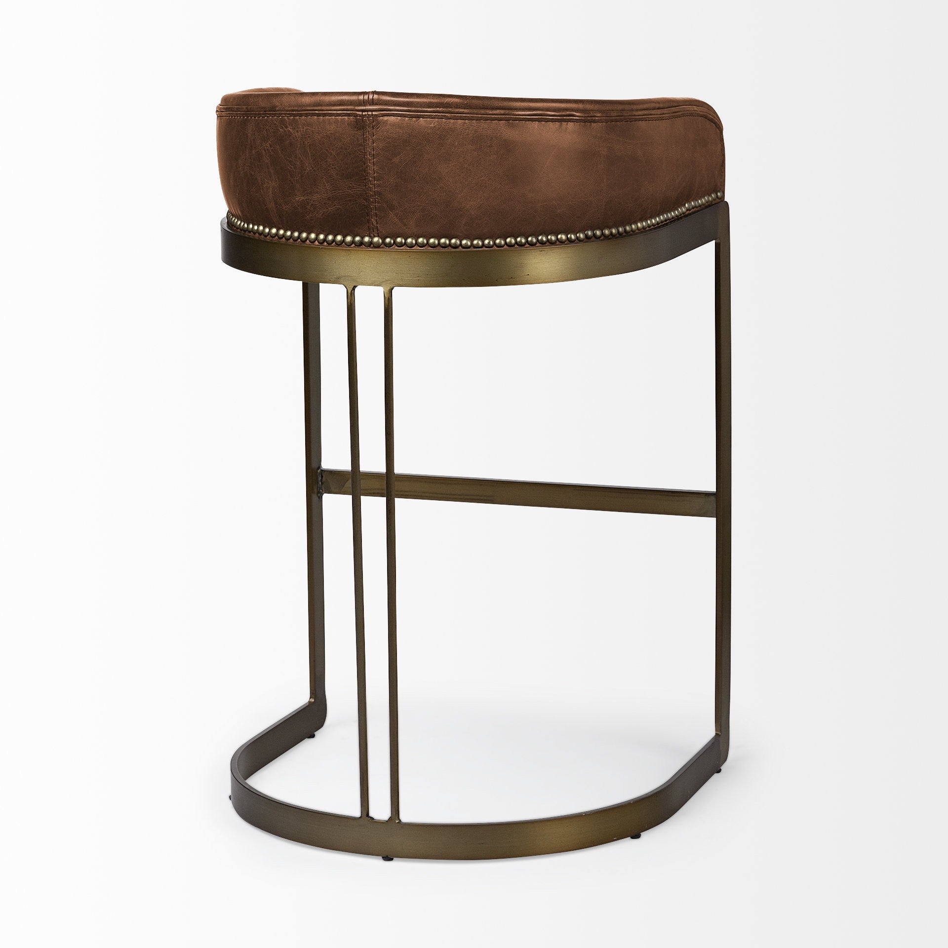 29" Brown Leather And Antiqued Brass Metal Low Back Bar Height Bar Chair - Loft&Timber