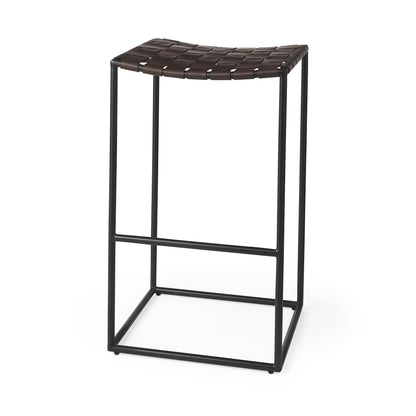 30" Brown And Black Leather And Iron Backless Bar Height Bar Chair - Loft&Timber