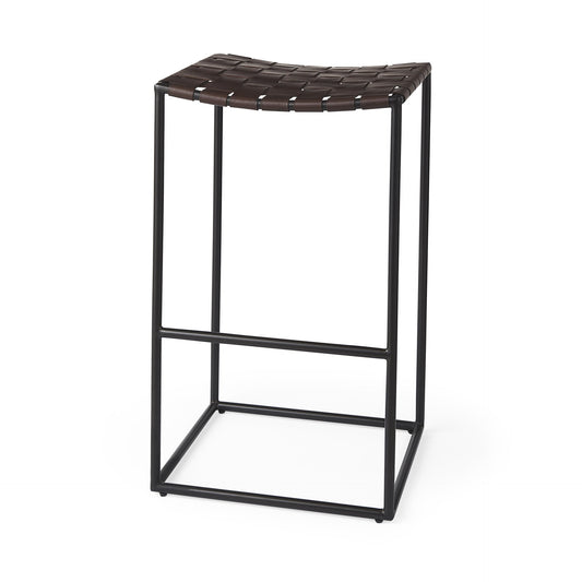 30" Brown And Black Leather And Iron Backless Bar Height Bar Chair - Loft&Timber