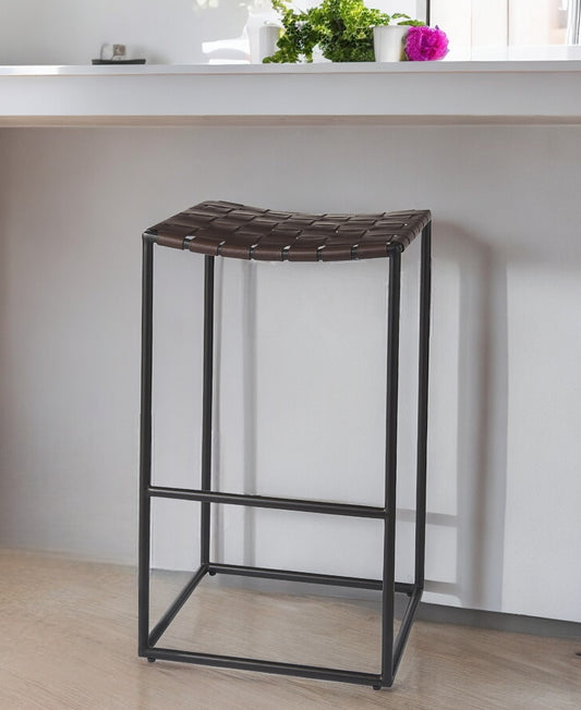 30" Brown And Black Leather And Iron Backless Bar Height Bar Chair - Loft&Timber