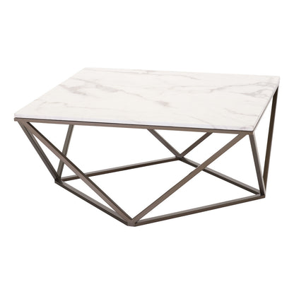 36" White and Antiqued Brass Faux Marble And Steel Square Abstract Coffee Table - Loft&Timber