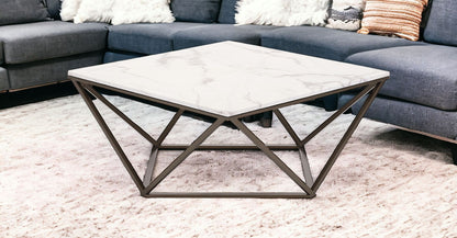 36" White and Antiqued Brass Faux Marble And Steel Square Abstract Coffee Table - Loft&Timber
