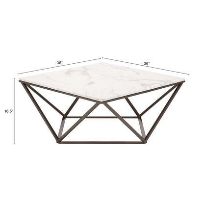 36" White and Antiqued Brass Faux Marble And Steel Square Abstract Coffee Table - Loft&Timber