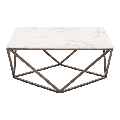 36" White and Antiqued Brass Faux Marble And Steel Square Abstract Coffee Table - Loft&Timber