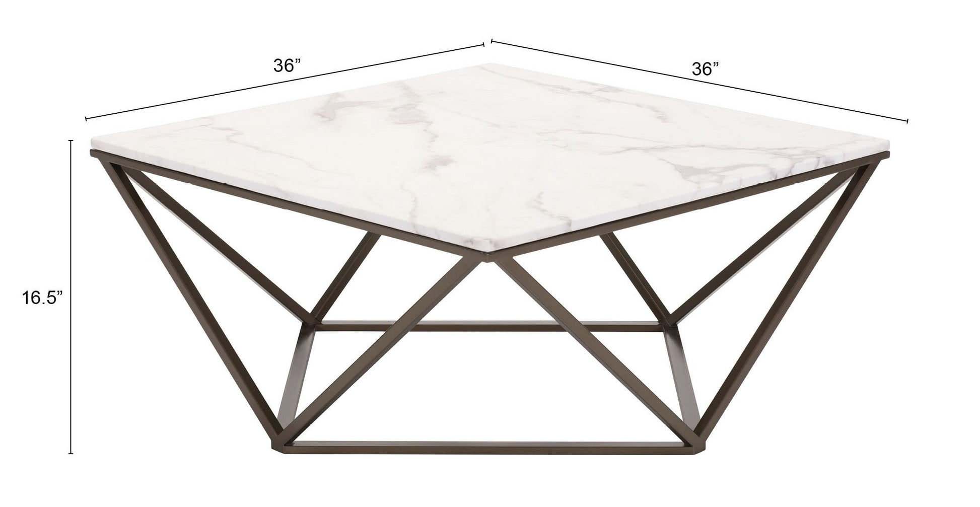 36" White and Antiqued Brass Faux Marble And Steel Square Abstract Coffee Table - Loft&Timber