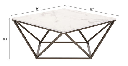 36" White and Antiqued Brass Faux Marble And Steel Square Abstract Coffee Table - Loft&Timber