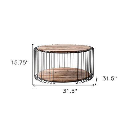 32" Natural And Black Solid Wood And Steel Round Coffee Table With Shelf - Loft&Timber