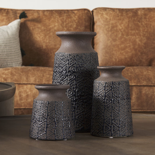 11" Brown and Blue Tribal Ceramic Vase - Loft&Timber
