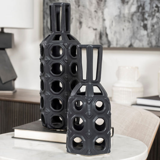 12" Black Ceramic Pierced Geometric Cylinder Table Vase - Loft&Timber