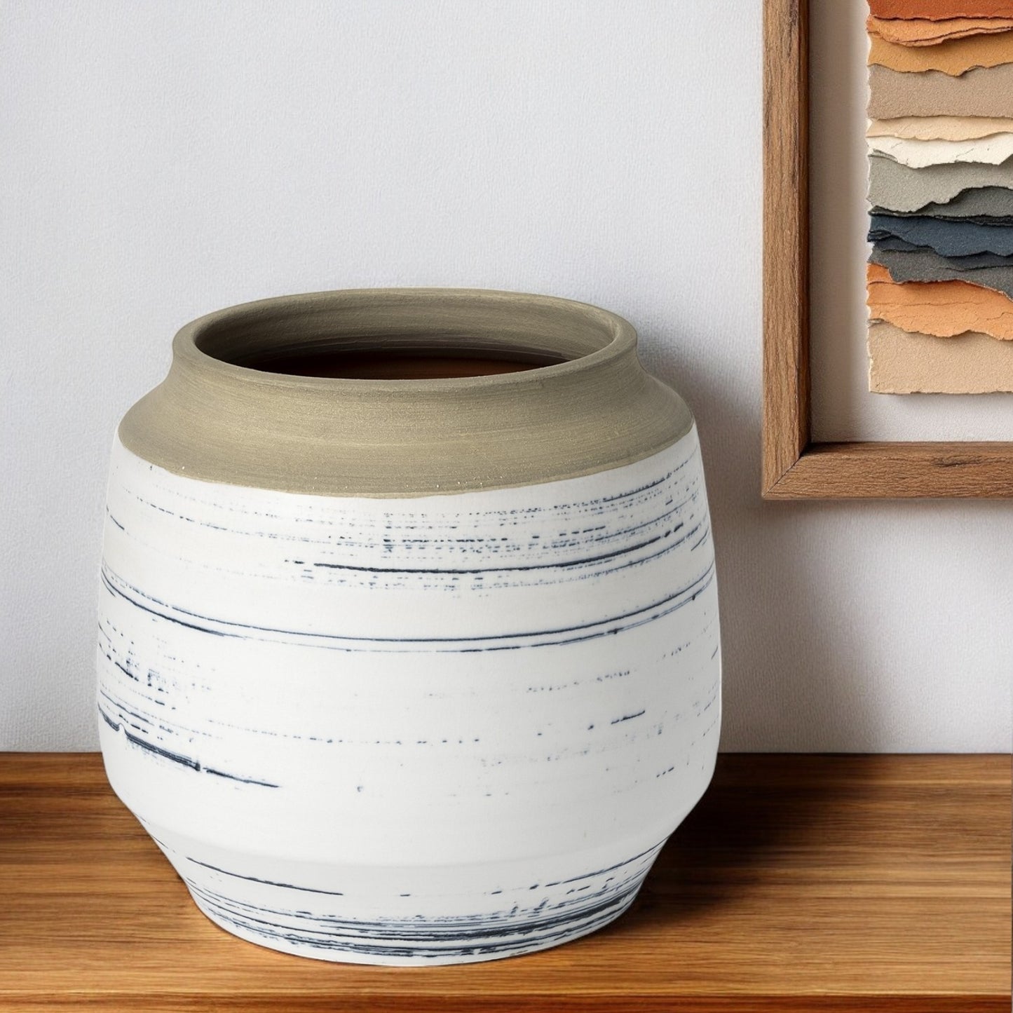 9" White Blue and Sand Abstract Cylinder Ceramic Table Vase - Loft&Timber