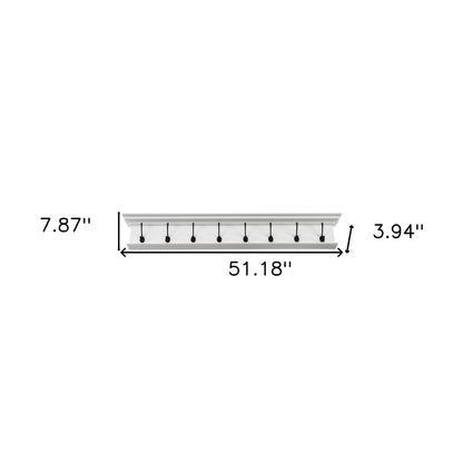 51" White Solid Wood Eight Hook Wall Mount Coat Rack-6