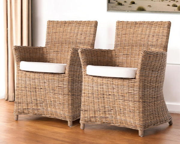 Set of Two Cream And Natural Rattan Dining Arm Chairs-0
