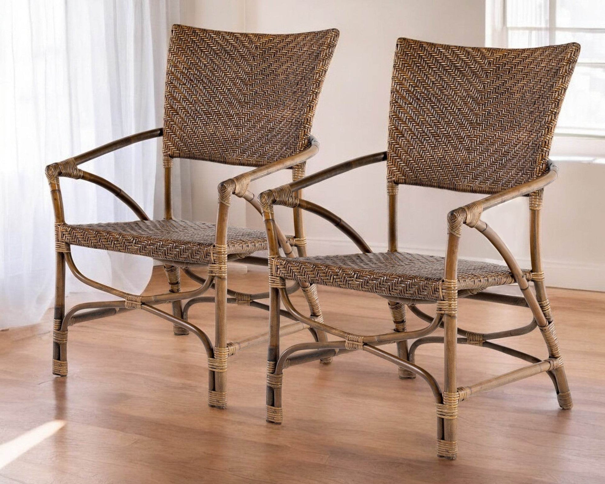 Set of Two Natural Rattan Open Back Dining Arm Chairs - Loft&Timber
