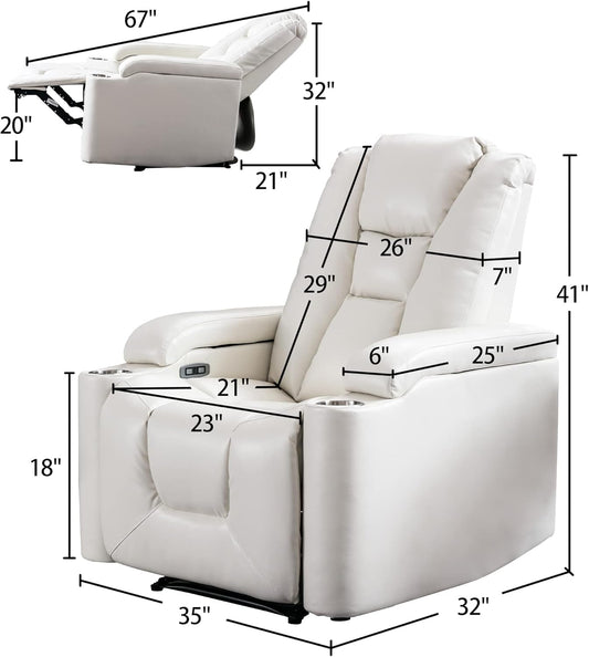 White Power Recliner Chair Set of 2, Electric Home Theater Seating Soft Leather Reclining Chairs for Movie Room Overstuffed Recliners with Hidden Arm Storage, Cup Holders and USB Ports-1