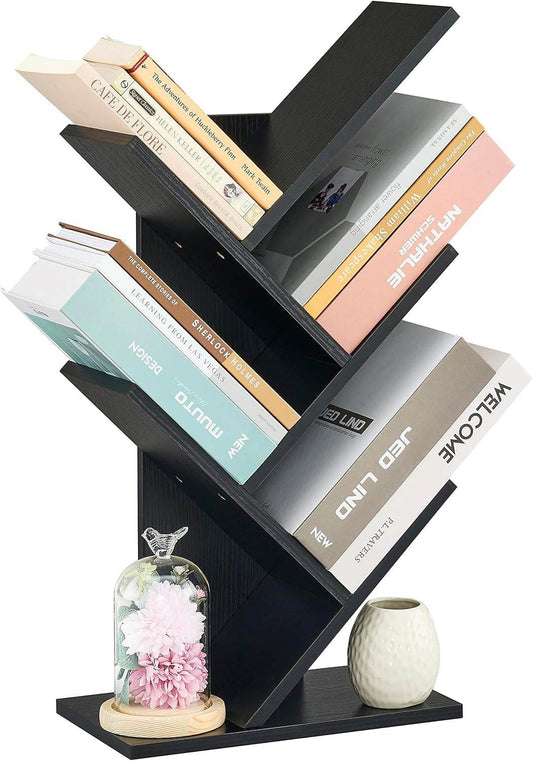 4 Tier Tree Bookshelf, 4 Shelf Bookcase, Free Standing Tree Bookcase, Display Floor Standing Shelf for Books, Book Organizer Shelves for Home Office, Living Room, Bedroom, Black - Loft&Timber