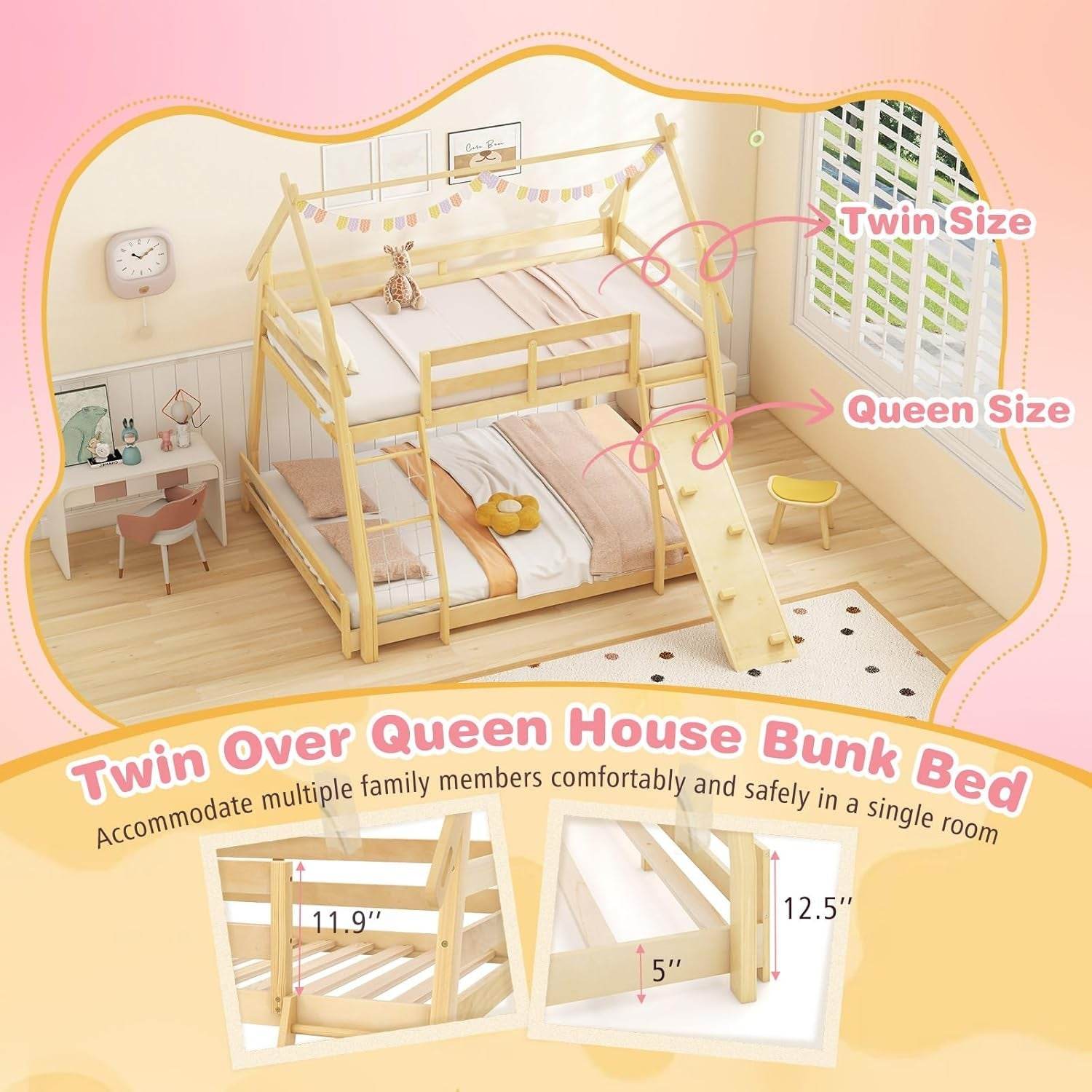 Twin over Queen Bunk Bed, Wood House Bunk Bed for Kids with Climbing Nets and Ramp, Floor Queen Size Bunk Beds with Safety Guardrail, No Box Spring Needed, for Boys Girls Adults (Natural) - Loft&Timber