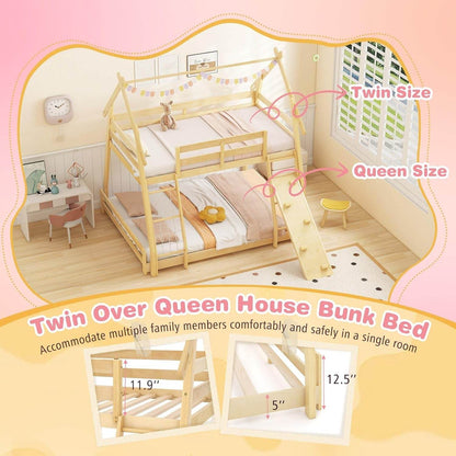 Twin over Queen Bunk Bed, Wood House Bunk Bed for Kids with Climbing Nets and Ramp, Floor Queen Size Bunk Beds with Safety Guardrail, No Box Spring Needed, for Boys Girls Adults (Natural) - Loft&Timber
