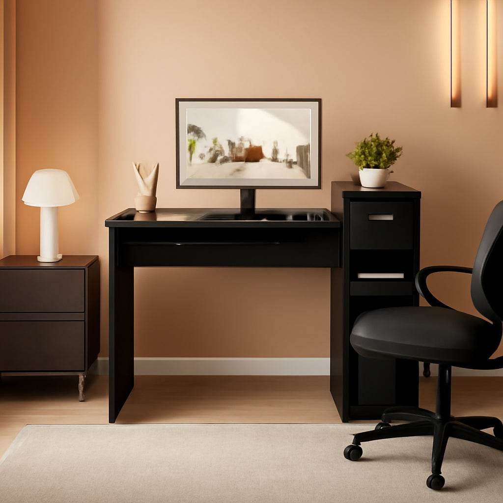 Modern Desk & Mesh Chair Set, Drawer, Shelves-0