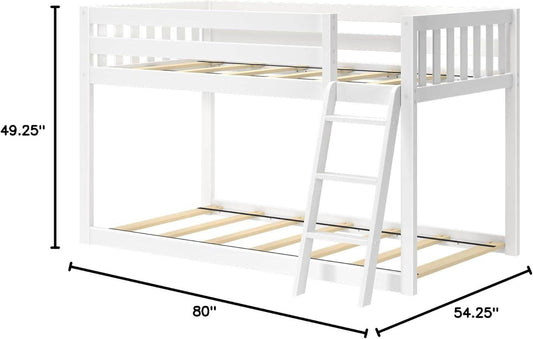 White Fundamental Twin Low Bunk Bed, Kids Solid Wood Modern Bed Frame - Loft&Timber