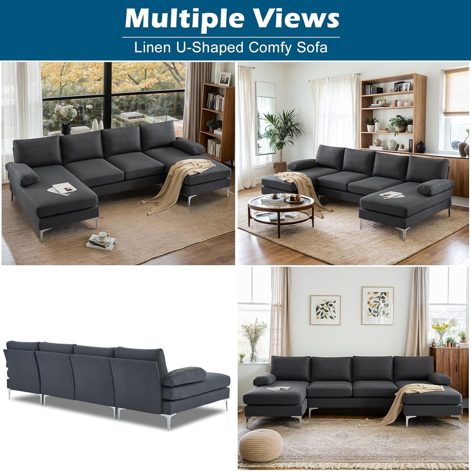110" Modern U Shaped Sectional Couch with 51" D Double Chaise for Living Room, Grey Deep Seat Sectional Sofa Sets with 5.9" Thickness Seating Padding for Home Furniture,Linen Fabric,Metal Legs-3