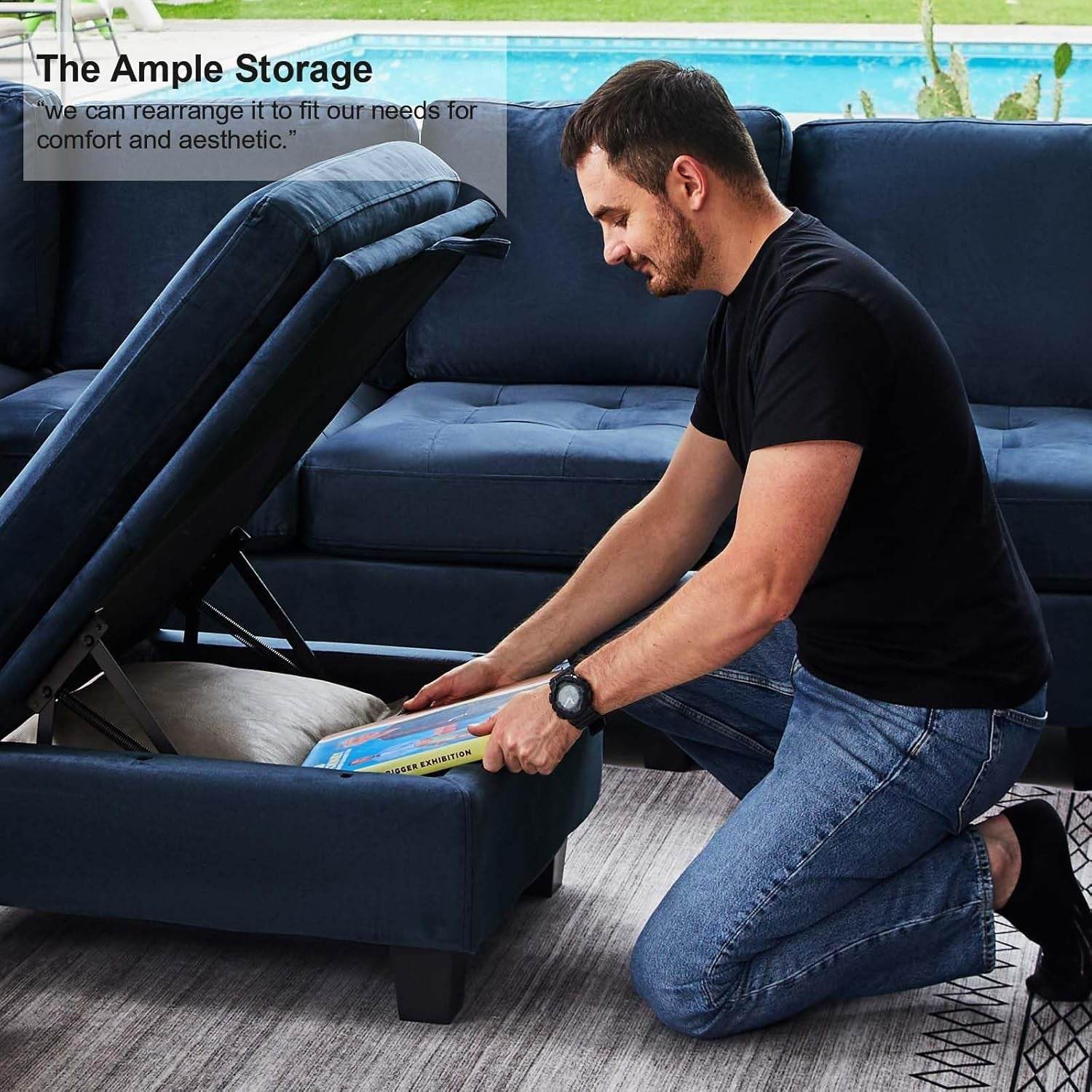 Velvet Modular Sectional Sofa Couch with Storage Convertible Sectional Sleeper Sofa Couch Bed Set with Reversible Chaise Blue - Loft&Timber